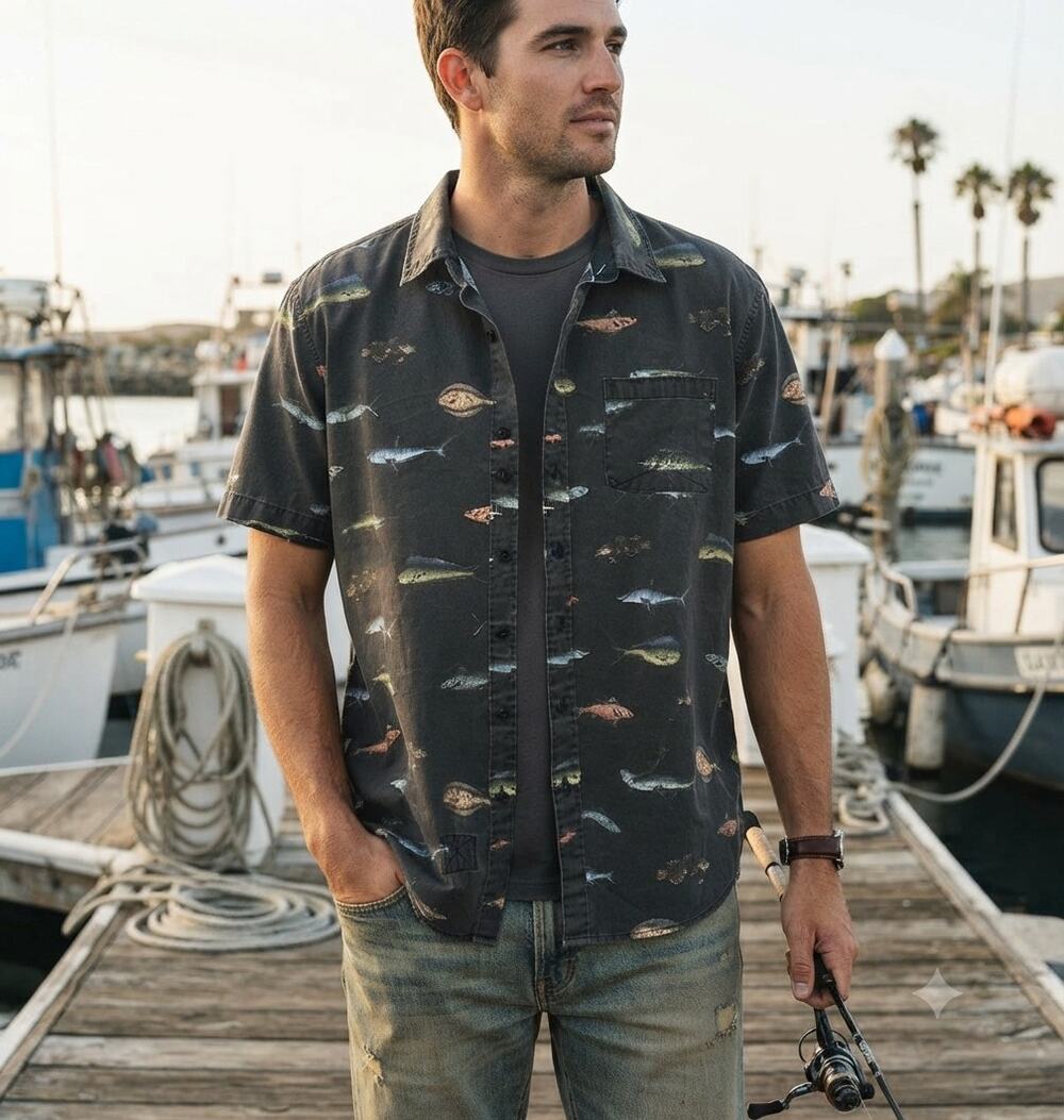 Salty Crew Men’s Fish Print Button Up Shirt SS 100% Cotton Coastal Surf M